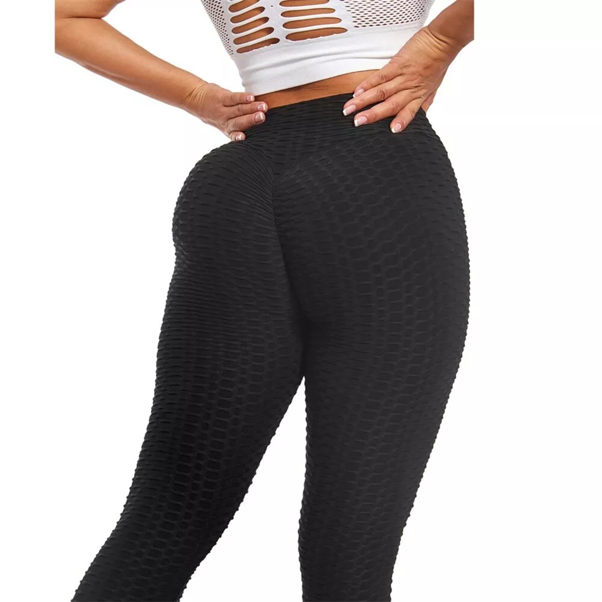 Women's black textured TikTok leggings – high-waisted scrunch bum gym leggings for workout, yoga, and everyday wear